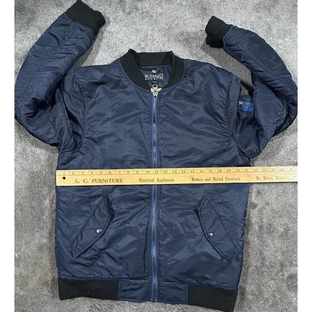 Men LG Buffalo David Bitton Blue Bomber Jacket Zip Elastic Ribbed Waist & Sleeve